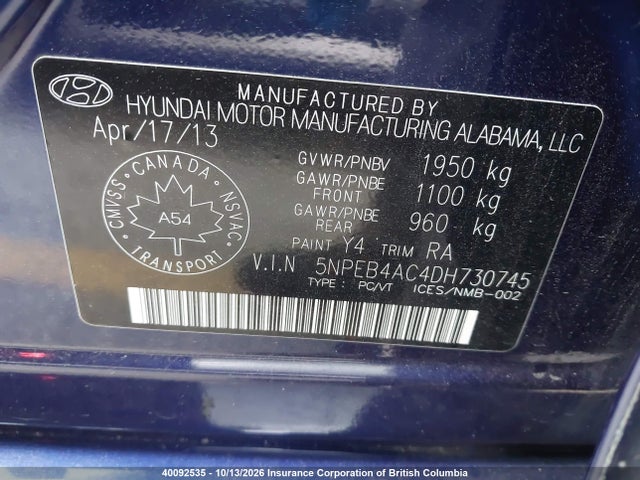 40092535 :رقم المزاد ، 5NPEB4AC4DH730745 vin ، 2013 Hyundai Sonata Gls مزاد بيع