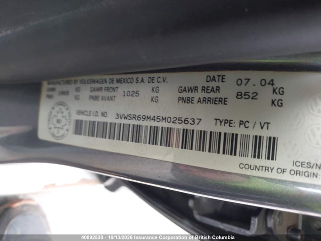 Aukcja sprzedaży 2005 Volkswagen Jetta, vin: 3VWSR69M45M025637, numer aukcji: 40092538