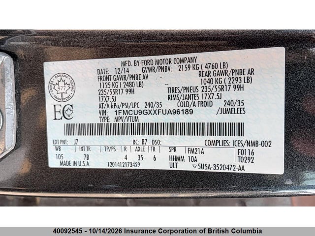 1FMCU9GXXFUA96189 Ford ESCAPE SE