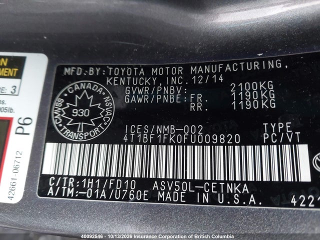 2015 Toyota Camry მანქანა იყიდება აუქციონზე, vin: 4T1BF1FK0FU009820, აუქციონის ნომერი: 40092546