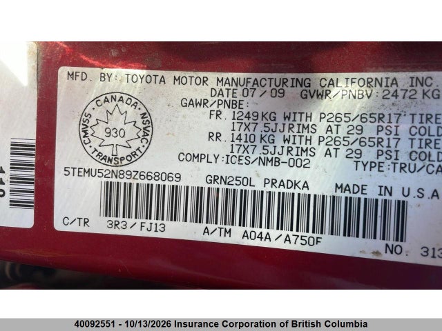 Aukcja sprzedaży 2009 Toyota Tacoma Double Cab Long Bed, vin: 5TEMU52N89Z668069, numer aukcji: 40092551
