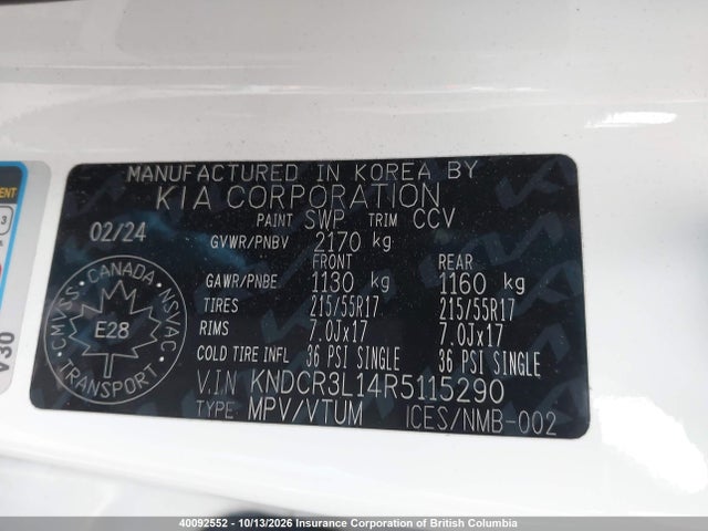 40092552 :رقم المزاد ، KNDCR3L14R5115290 vin ، 2024 Kia Niro مزاد بيع
