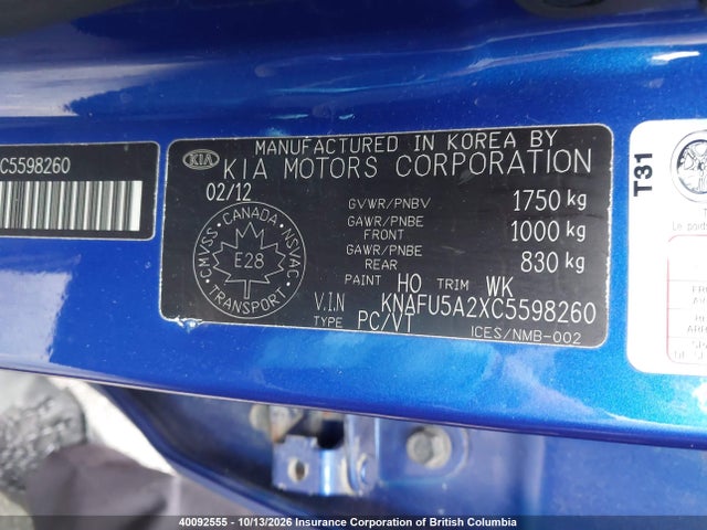 Aukcja sprzedaży 2012 Kia Forte, vin: KNAFU5A2XC5598260, numer aukcji: 40092555