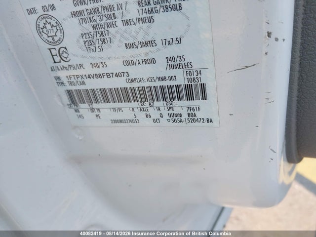 40082419 :رقم المزاد ، 1FTPX14V88FB74073 vin ، 2008 Ford F150 مزاد بيع