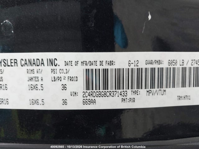 40092565 :رقم المزاد ، 2C4RDGBG8CR371433 vin ، 2012 Dodge Grand Caravan Se مزاد بيع