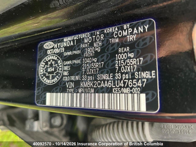 Aukcja sprzedaży 2020 Hyundai Kona, vin: KM8K2CAA6LU476547, numer aukcji: 40092570