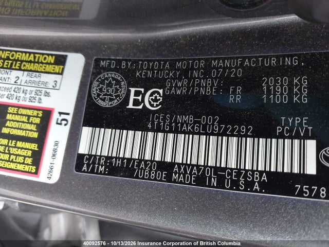 Toyota Camry 2020 4T1G11AK6LU972292 Image 9