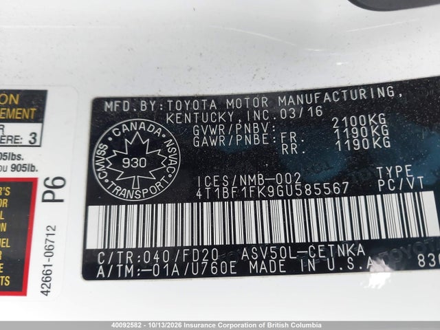 2016 Toyota Camry მანქანა იყიდება აუქციონზე, vin: 4T1BF1FK9GU585567, აუქციონის ნომერი: 40092582