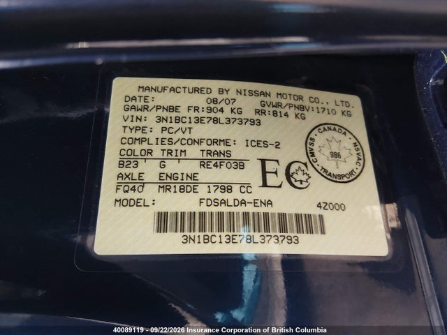 2008 Nissan Versa S/sl მანქანა იყიდება აუქციონზე, vin: 3N1BC13E78L373793, აუქციონის ნომერი: 40089119