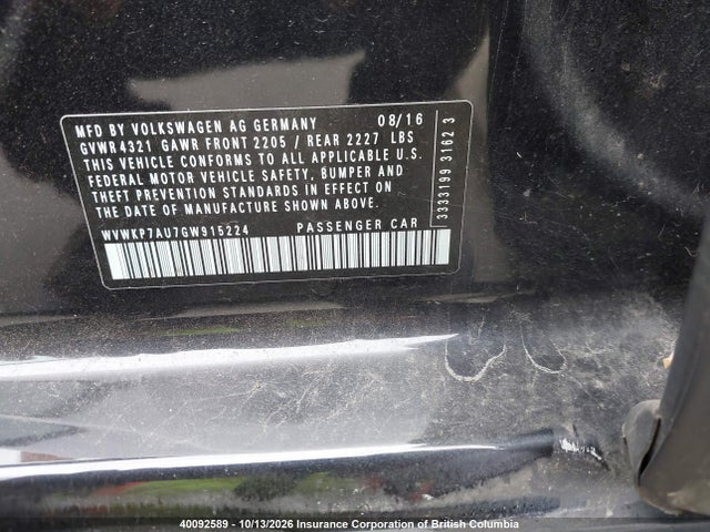 40092589 :رقم المزاد ، WVWKP7AU7GW915224 vin ، 2016 Volkswagen Golf مزاد بيع