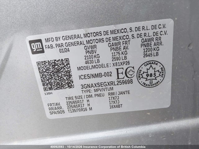 Aukcja sprzedaży 2024 Chevrolet Equinox Ls, vin: 3GNAXSEGXRL259698, numer aukcji: 40092593
