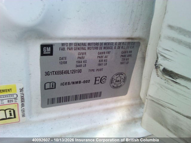 40092607 :رقم المزاد ، 3G1TX65E49L129190 vin ، 2009 Chevrolet Aveo مزاد بيع