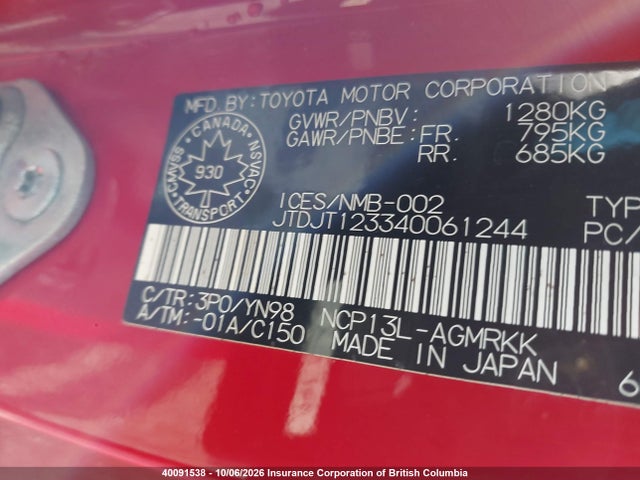Auction sale of the 2004 Toyota Echo, vin: JTDJT123340061244, lot number: 40091538