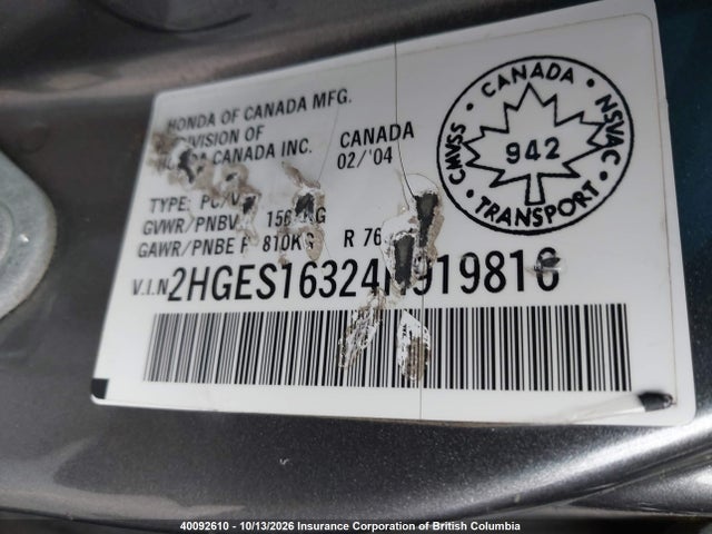 Aukcja sprzedaży 2004 Honda Civic, vin: 2HGES16324H919816, numer aukcji: 40092610