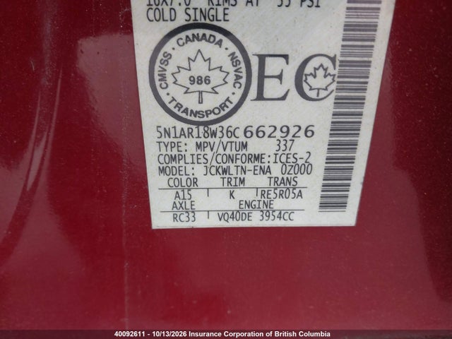 40092611 :رقم المزاد ، 5N1AR18W36C662926 vin ، 2006 Nissan Pathfinder Le/se/xe مزاد بيع