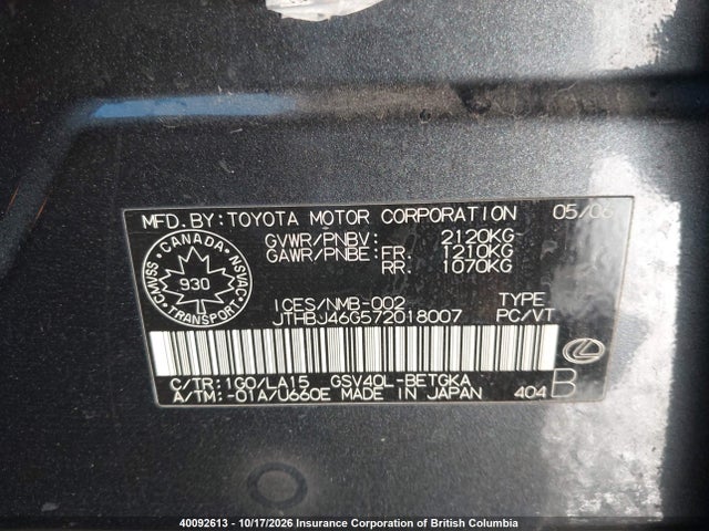 Aukcja sprzedaży 2007 Lexus Es350, vin: JTHBJ46G572018007, numer aukcji: 40092613