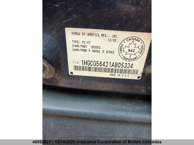 2001 Honda Accord Lx მანქანა იყიდება აუქციონზე, vin: 1HGCG56421A805334, აუქციონის ნომერი: 40092623
