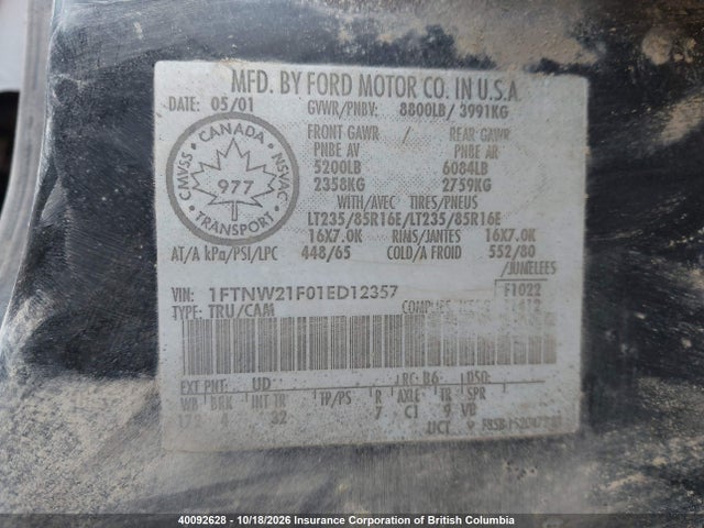 40092628 :رقم المزاد ، 1FTNW21F01ED12357 vin ، 2001 Ford F250 مزاد بيع