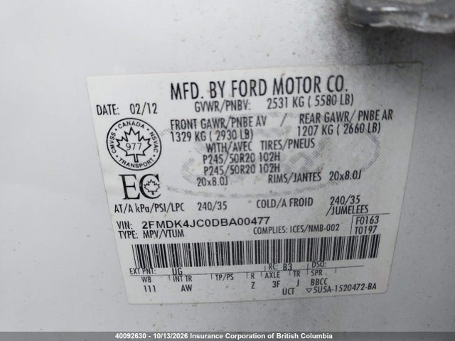 Aukcja sprzedaży 2013 Ford Edge, vin: 2FMDK4JC0DBA00477, numer aukcji: 40092630
