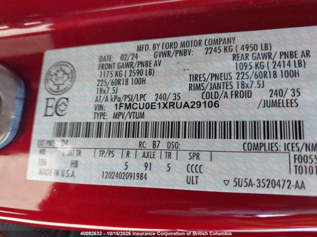 40092632 :رقم المزاد ، 1FMCU0E1XRUA29106 vin ، 2024 Ford Escape مزاد بيع