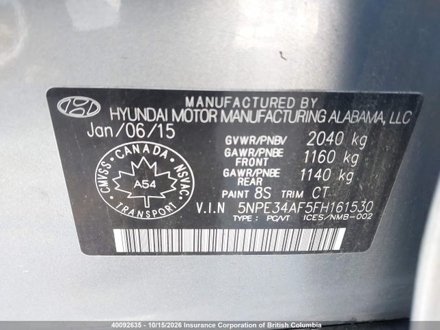 40092635 :رقم المزاد ، 5NPE34AF5FH161530 vin ، 2015 Hyundai Sonata Sport/limited مزاد بيع