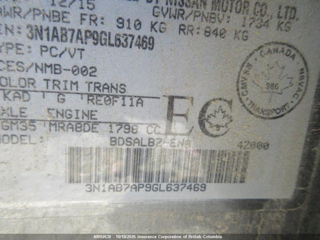 3N1AB7AP9GL637469 Nissan Sentra 1.8 S/1.8 Sl/1.8 Sr/1.8 Sv