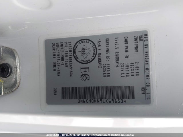 3N6CM0KN9LK691534 Nissan Nv200 2.5s/2.5sv