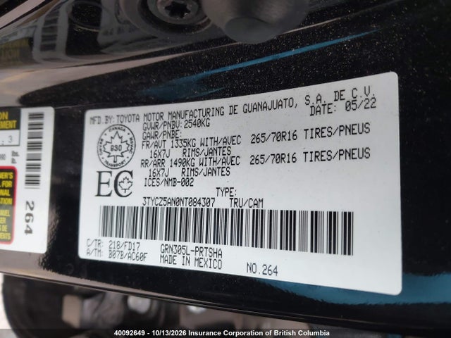 2022 Toyota Tacoma მანქანა იყიდება აუქციონზე, vin: 3TYCZ5AN0NT084307, აუქციონის ნომერი: 40092649