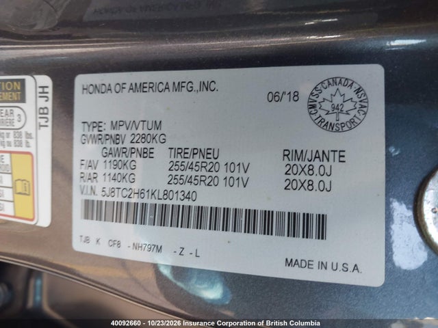 Продаж на аукціоні авто 2019 Acura Rdx, vin: 5J8TC2H61KL801340, номер лоту: 40092660