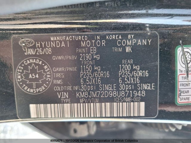 Продажа на аукционе авто 2008 Hyundai Tucson Gl V6/limited, vin: KM8JM72D98U871948, номер лота: 40092671