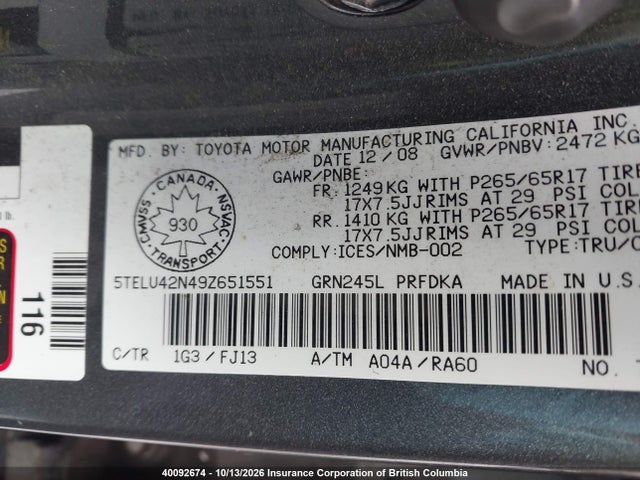 Aukcja sprzedaży 2009 Toyota Tacoma Double Cab, vin: 5TELU42N49Z651551, numer aukcji: 40092674