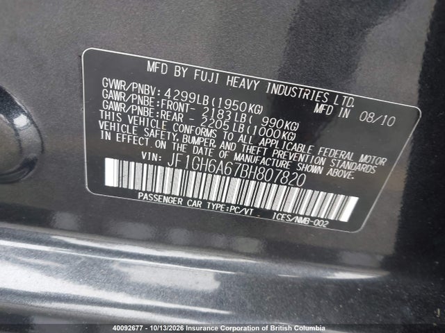 Aukcja sprzedaży 2011 Subaru Impreza 2.5 I/2.5 I Convenience Package/2.5 I Touring Package, vin: JF1GH6A67BH807820, numer aukcji: 40092677