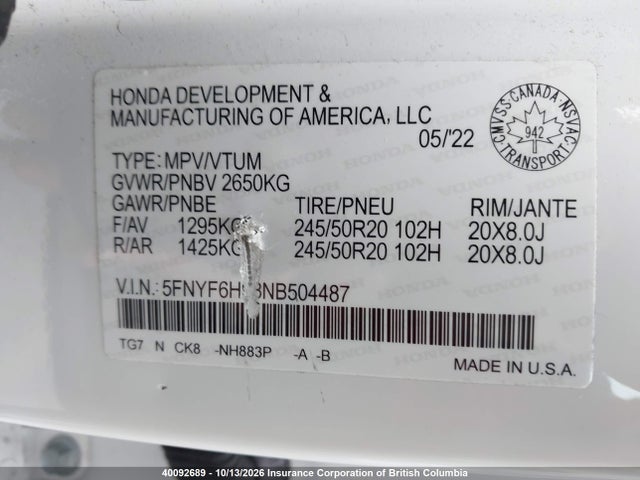 2022 Honda Pilot მანქანა იყიდება აუქციონზე, vin: 5FNYF6H98NB504487, აუქციონის ნომერი: 40092689