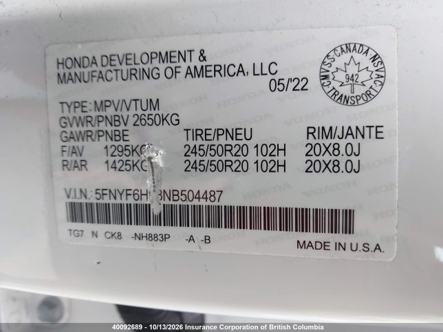 2022 Honda Pilot მანქანა იყიდება აუქციონზე, vin: 5FNYF6H98NB504487, აუქციონის ნომერი: 40092689