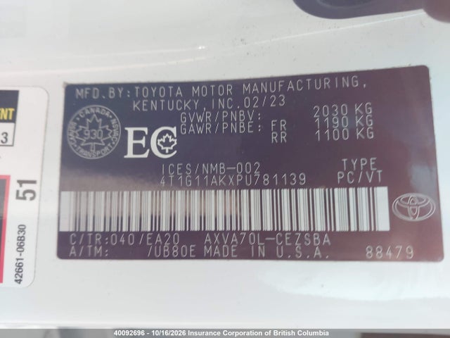 4T1G11AKXPU781139 Toyota Camry