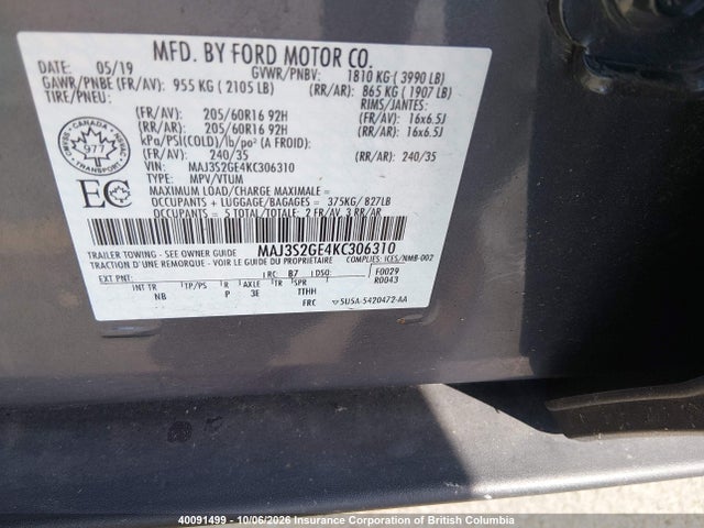MAJ3S2GE4KC306310 Ford Ecosport Se