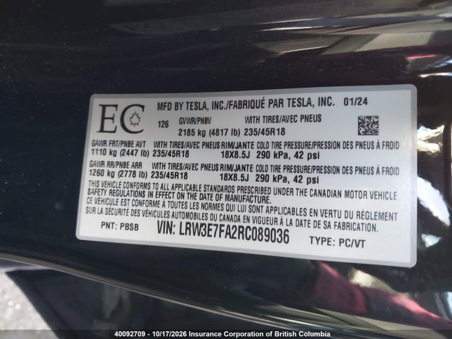 Tesla MODEL 3 2024 LRW3E7FA2RC089036 Image 9