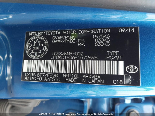40092712 :رقم المزاد ، JTDKDTB36E1572696 vin ، 2014 Toyota Prius مزاد بيع