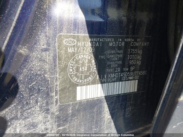 40092720 :رقم المزاد ، KMHDT45D59U774581 vin ، 2009 Hyundai Elantra Gl مزاد بيع