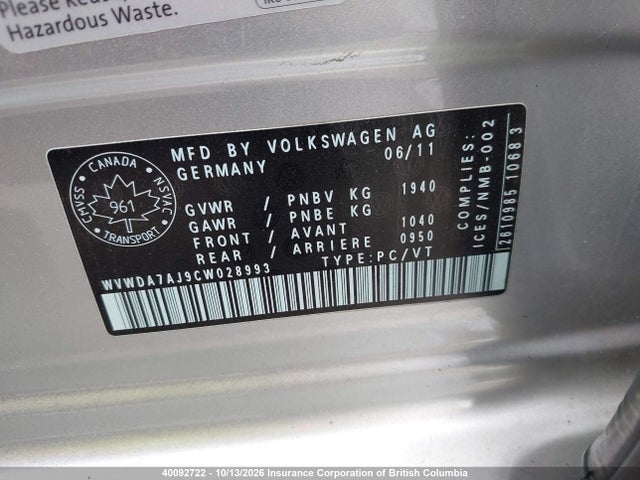Auction sale of the 2012 Volkswagen Golf, vin: WVWDA7AJ9CW028993, lot number: 40092722
