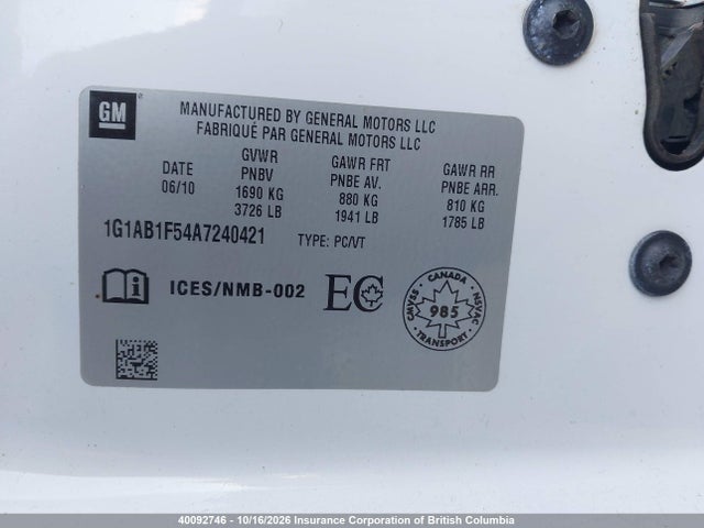 2010 Chevrolet Cobalt Ls მანქანა იყიდება აუქციონზე, vin: 1G1AB1F54A7240421, აუქციონის ნომერი: 40092746