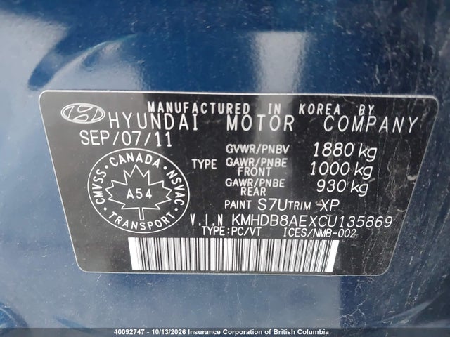 40092747 :رقم المزاد ، KMHDB8AEXCU135869 vin ، 2012 Hyundai Elantra Touring Gls مزاد بيع
