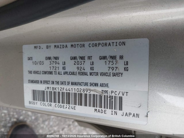 Aukcja sprzedaży 2004 Mazda 3 I, vin: JM1BK12F441102895, numer aukcji: 40092748