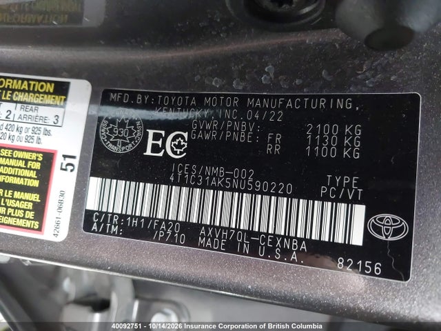 40092751 :رقم المزاد ، 4T1C31AK5NU590220 vin ، 2022 Toyota Camry مزاد بيع