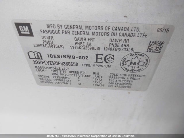 Продаж на аукціоні авто 2015 Gmc Terrain Sle-1, vin: 2GKFLVEK6F6368650, номер лоту: 40092752