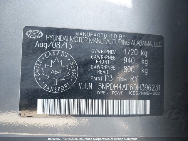 Продажа на аукционе авто 2013 Hyundai Elantra Limited, vin: 5NPDH4AE6DH396231, номер лота: 40092782