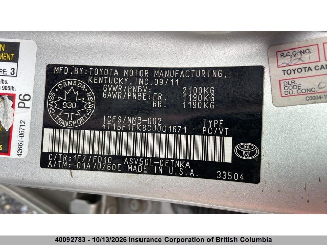 40092783 :رقم المزاد ، 4T1BF1FK8CU001671 vin ، 2012 Toyota Camry مزاد بيع