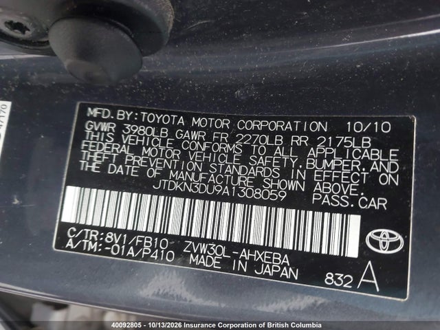 Aukcja sprzedaży 2010 Toyota Prius, vin: JTDKN3DU9A1308059, numer aukcji: 40092805