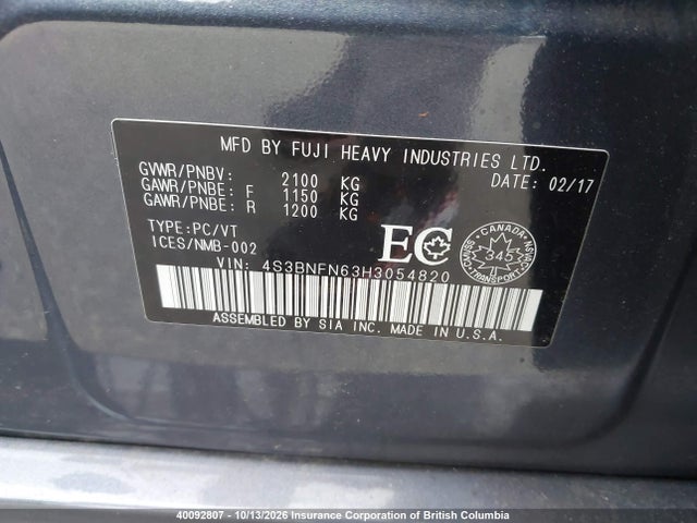 40092807 :رقم المزاد ، 4S3BNFN63H3054820 vin ، 2017 Subaru Legacy 3.6r Limited مزاد بيع