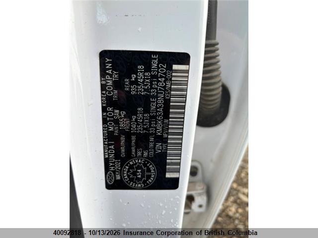 40092818 :رقم المزاد ، KM8K63A38NU784702 vin ، 2022 Hyundai Kona مزاد بيع
